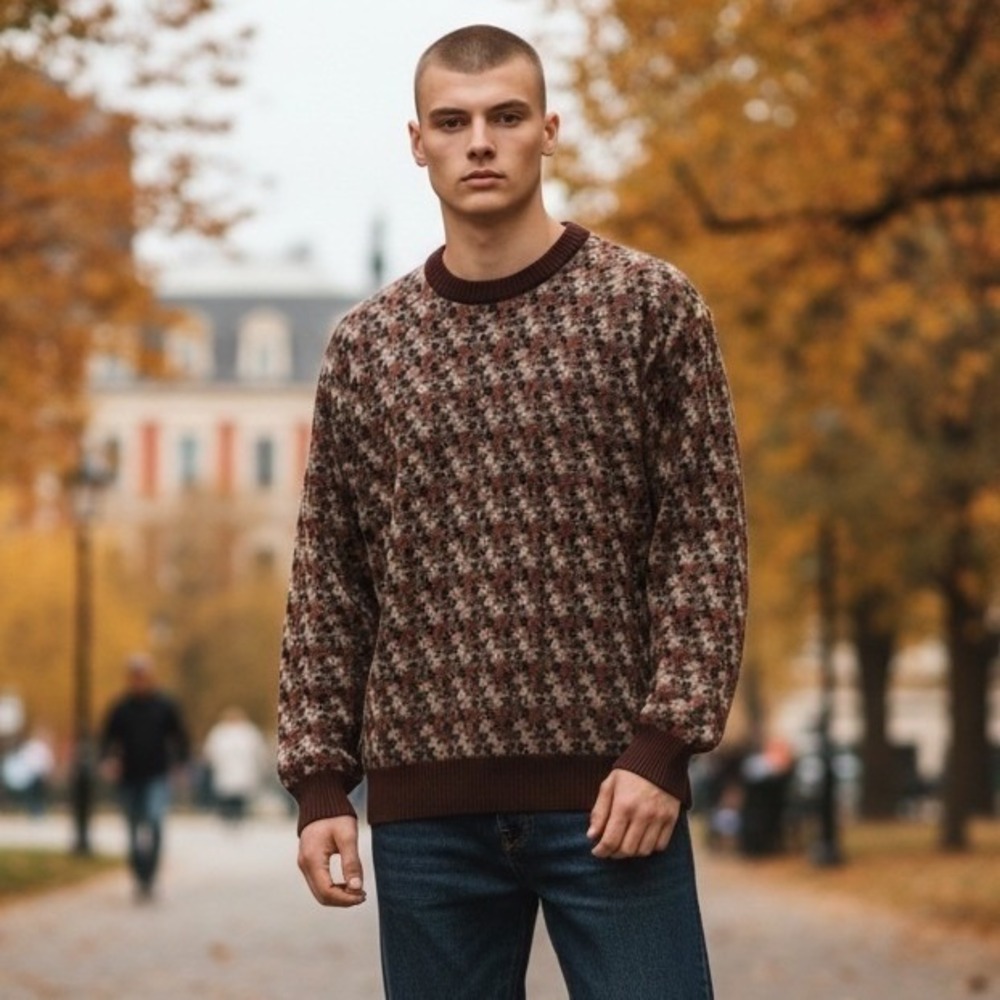 Norm‎ Thompson Mens Geometric Knit Crewneck Sweater Brown Tan Burgundy XL 6244